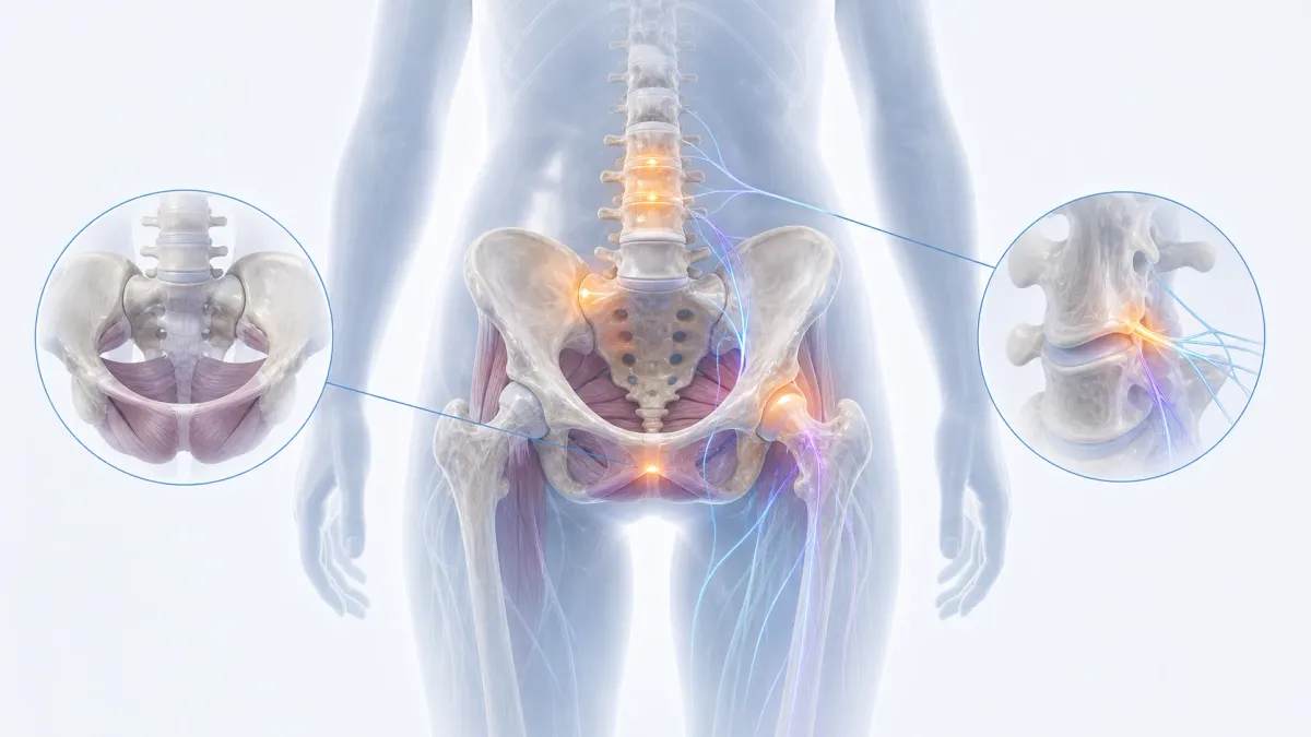 Medical illustration of pelvic muscles, joints, the lower spine, and nerve pathways that can contribute to pelvic pain