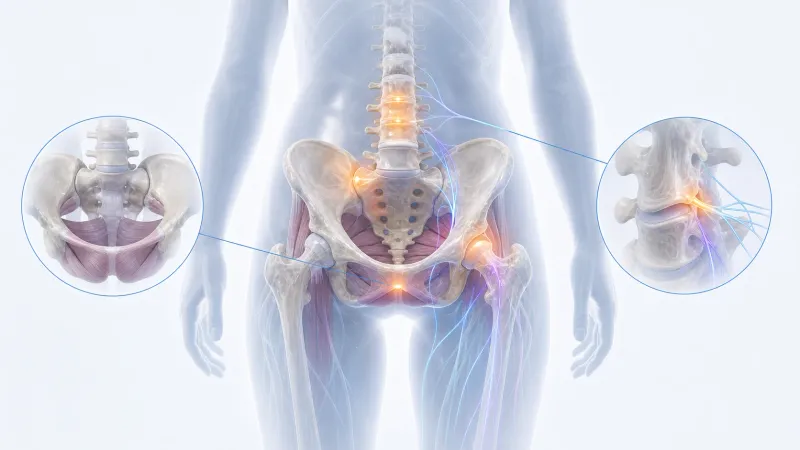 Medical illustration of pelvic muscles, joints, the lower spine, and nerve pathways that can contribute to pelvic pain