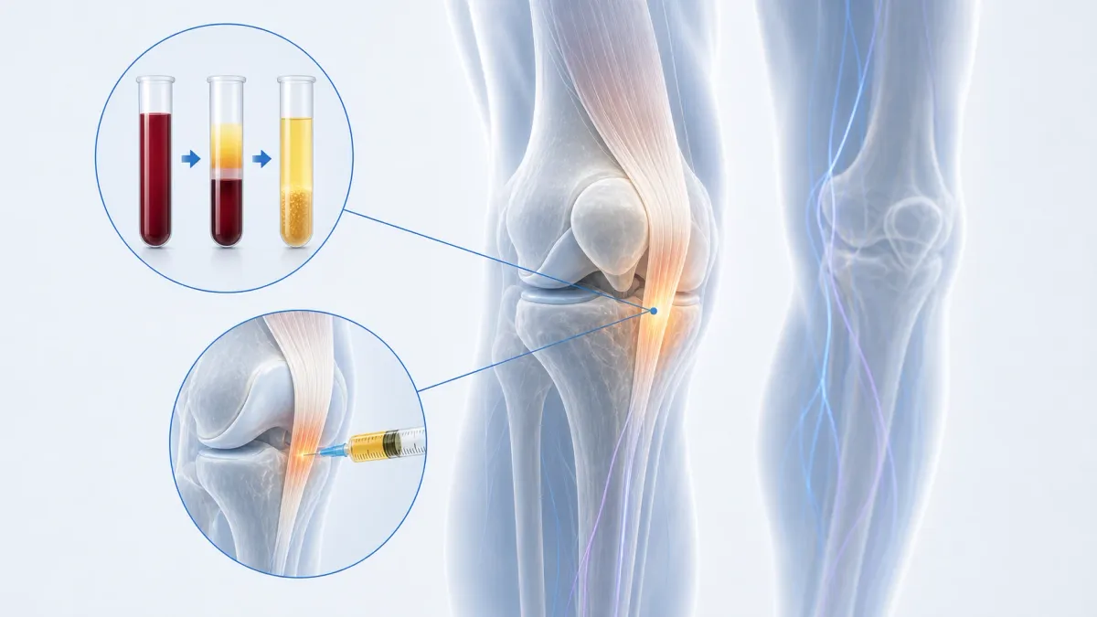 Medical illustration showing PRP preparation from blood and image-guided treatment of a knee tendon