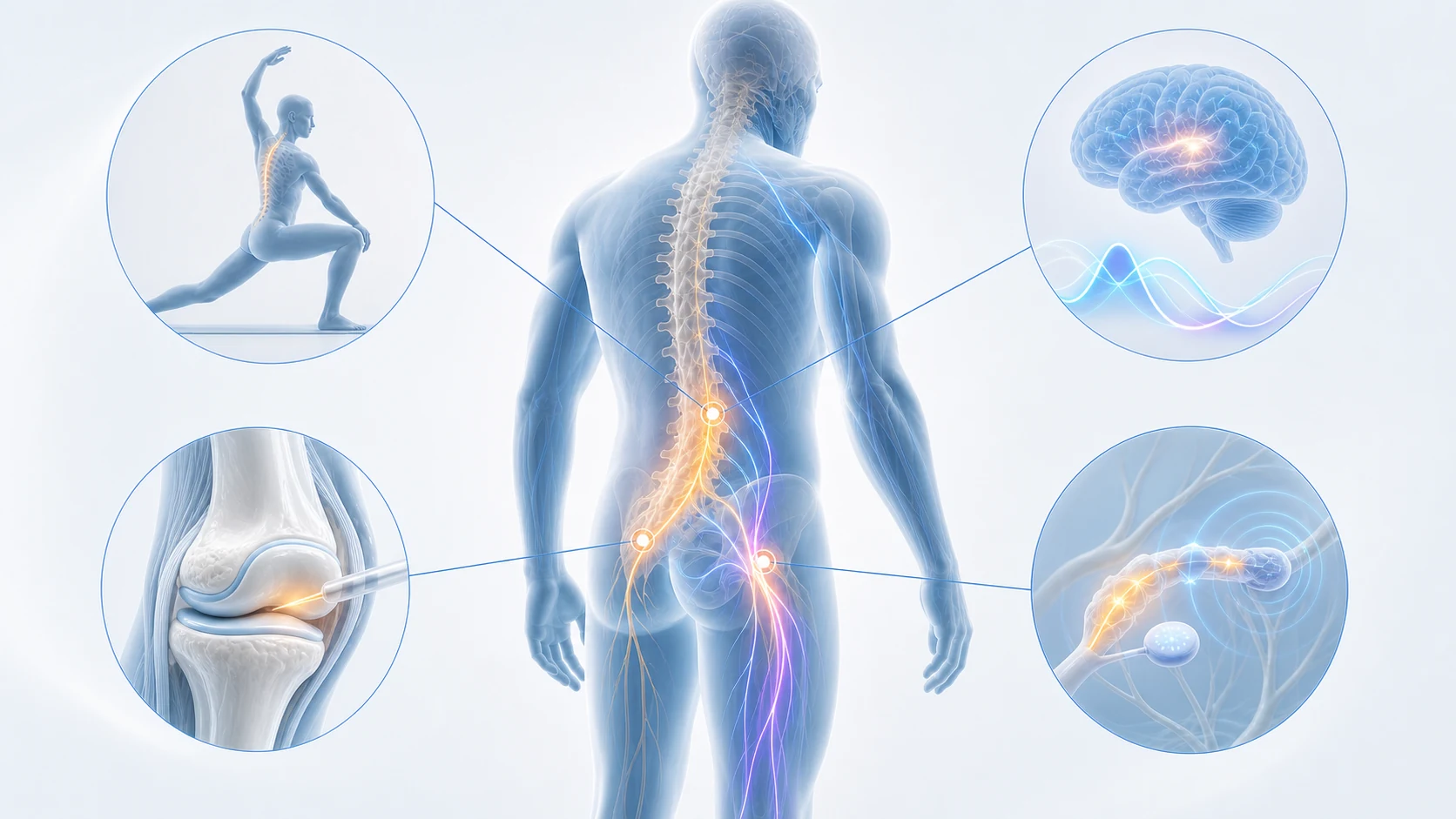 Medical illustration showing movement, targeted treatment, neuromodulation, and other drug-free approaches to pain care