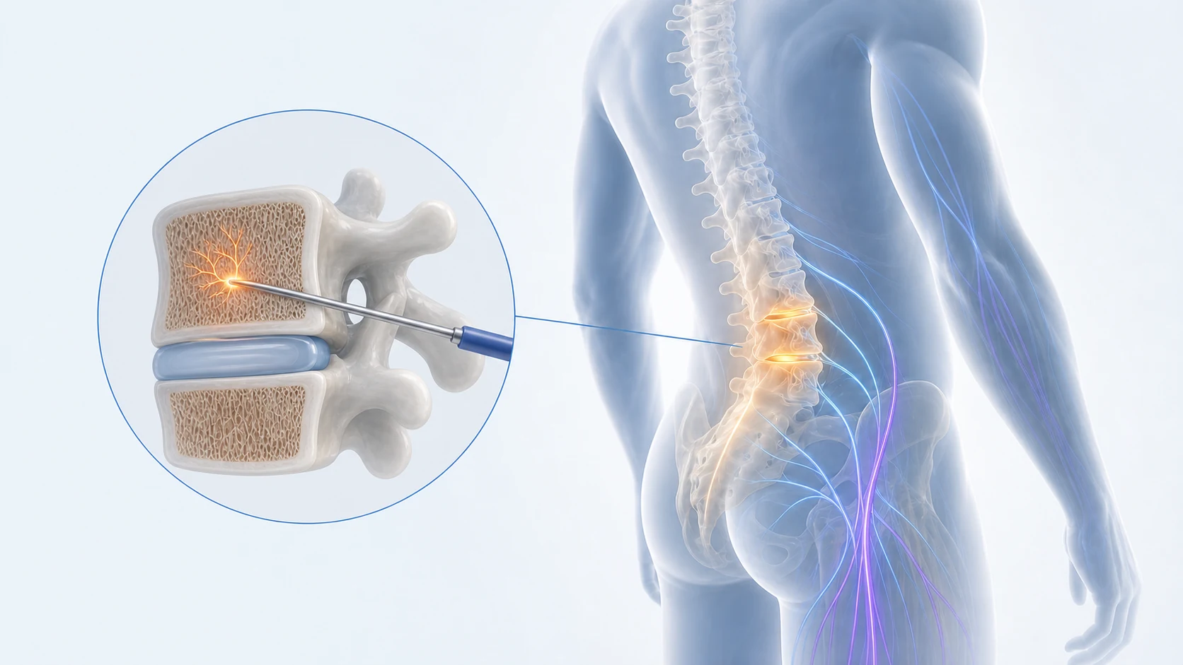 Medical illustration of the basivertebral nerve and an Intracept access path inside a lumbar vertebral body