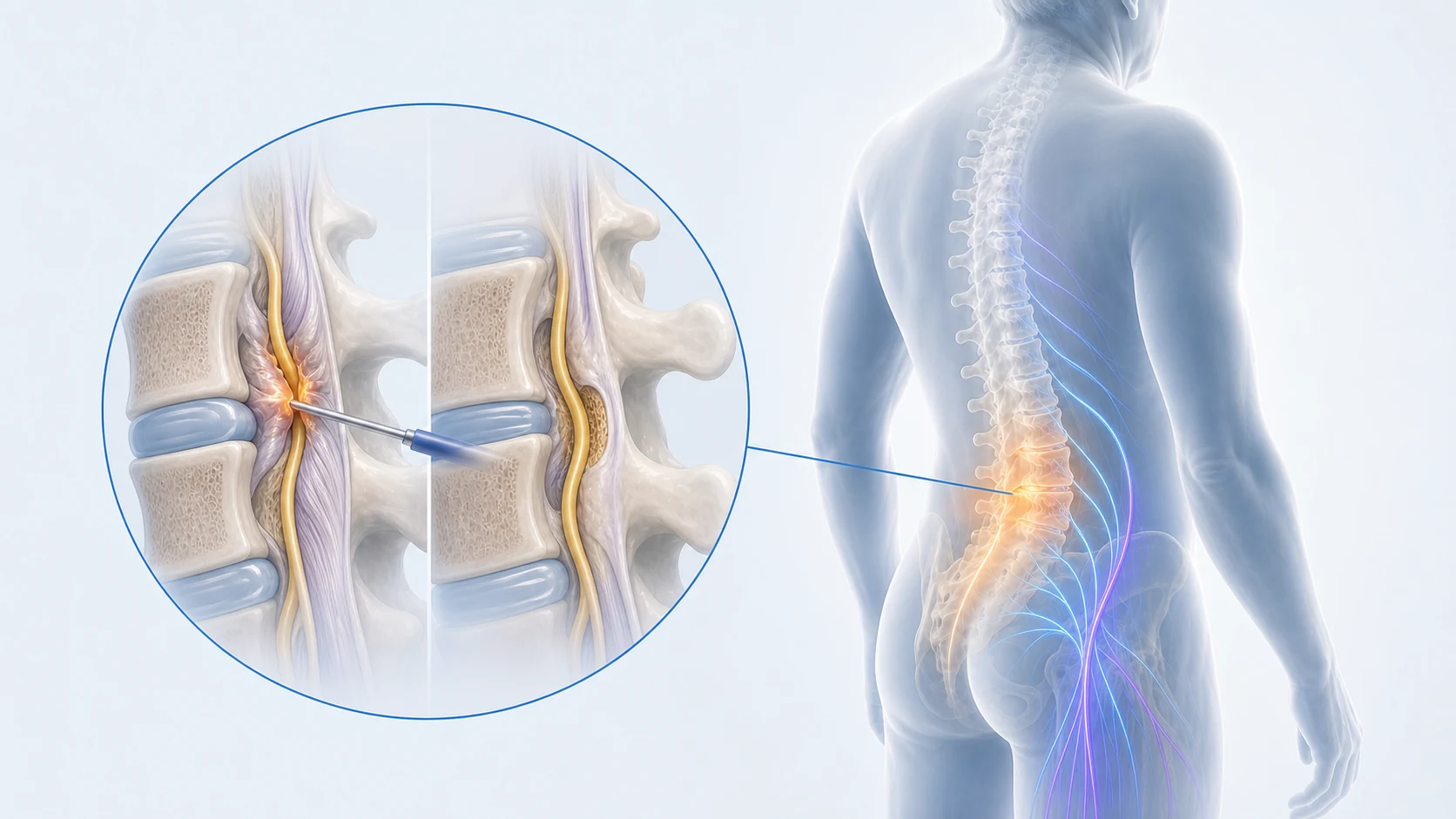Medical illustration of lumbar spinal stenosis and minimally invasive decompression of thickened ligament tissue